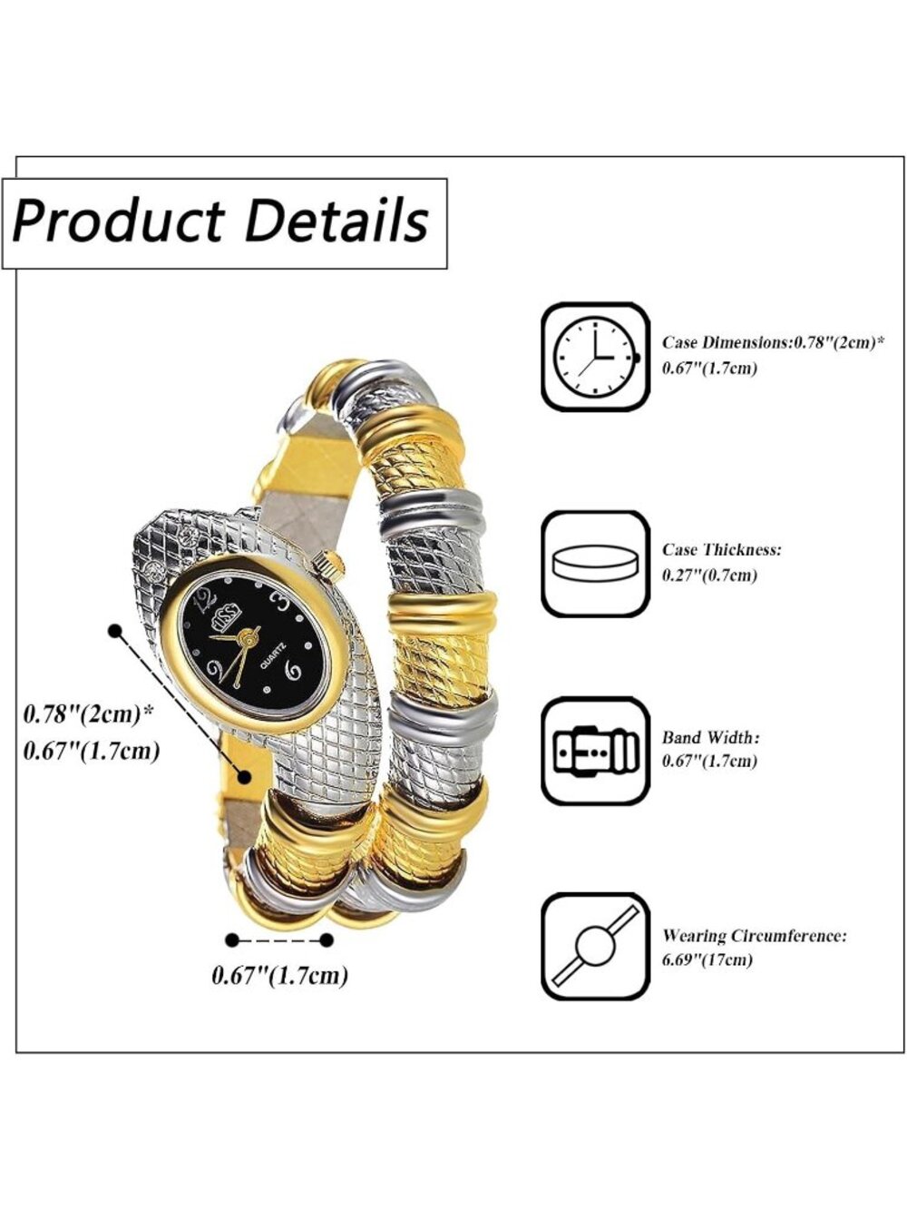 Women's Gold Silver Hip Hop Wrap Cuff Bracelet Bendable Snake Armband Watches - Picture 6 of 6